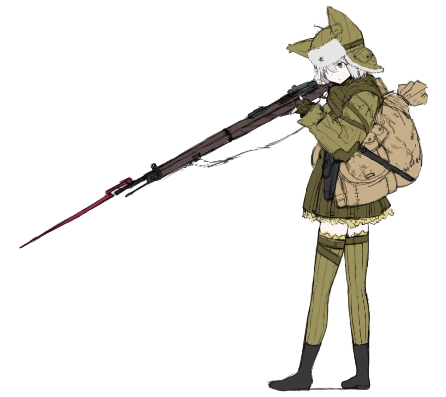 1girl animal_hat backpack bag coh dress fingerless_gloves gloves green_dress green_gloves green_legwear grey_eyes gun hat holding long_sleeves mars_expedition military military_uniform rifle short_hair silver_hair simple_background solo soviet standing star strap thigh-highs uniform weapon weapon_request white_background zettai_ryouiki
