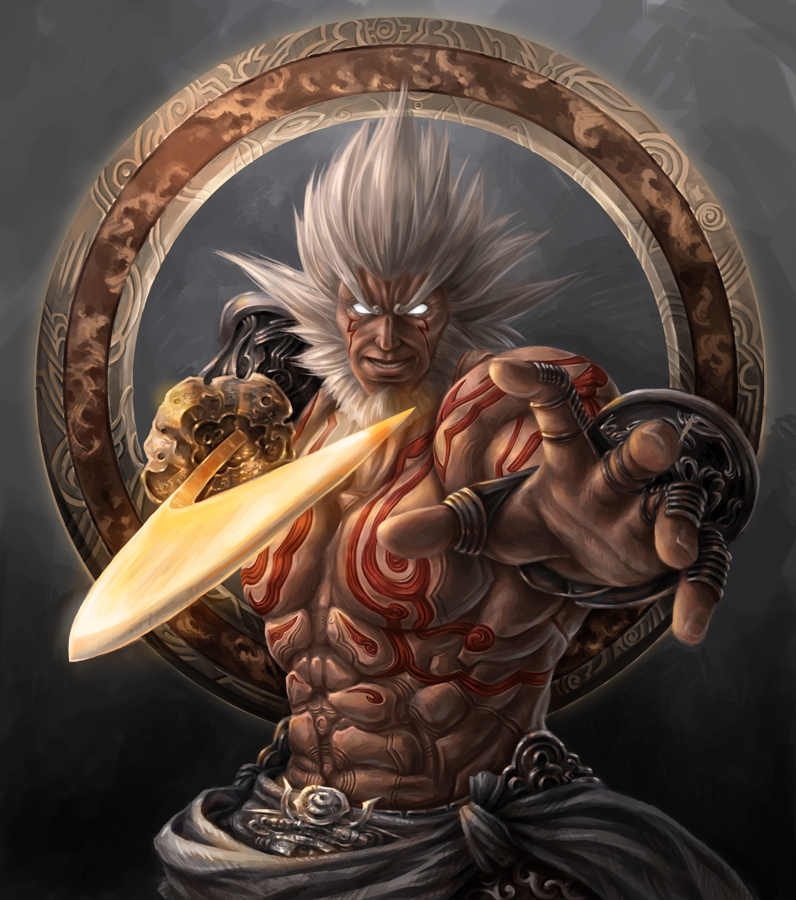 1boy asura's_wrath augus beard blank_eyes cowboy_shot facial_hair fighting_stance foreshortening glowing glowing_eyes jason_peng looking_at_viewer male manly muscle realistic shirtless smile solo spiky_hair sword tattoo vambraces weapon white_hair