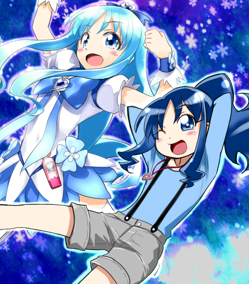 ;d arms_behind_head blue_eyes blue_hair casual dual_persona heartcatch_precure! jewelry kurumi_erika long_sleeves magical_girl necklace one_eye_closed open_mouth osusitan ponytail precure shorts smile suspenders tiara