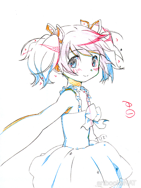 blush color_trace dress hair_ribbon kaname_madoka mahou_shoujo_madoka_magica official_art outstretched_arm ribbon short_hair short_twintails smile solo twintails