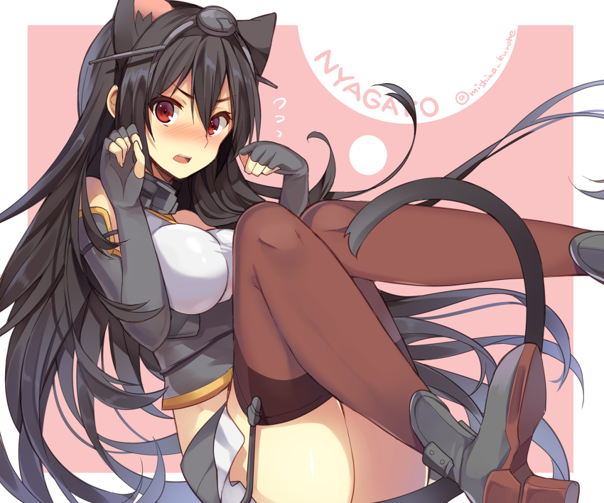 1girl animal_ears bare_shoulders black_hair blush breasts cat_ears cat_tail character_name elbow_gloves fake_animal_ears fingerless_gloves gloves hair_between_eyes hairband headgear high_heels kantai_collection long_hair mishima_kurone nagato_(kantai_collection) open_mouth paw_pose red_eyes simple_background skirt tail thigh-highs twitter_username very_long_hair