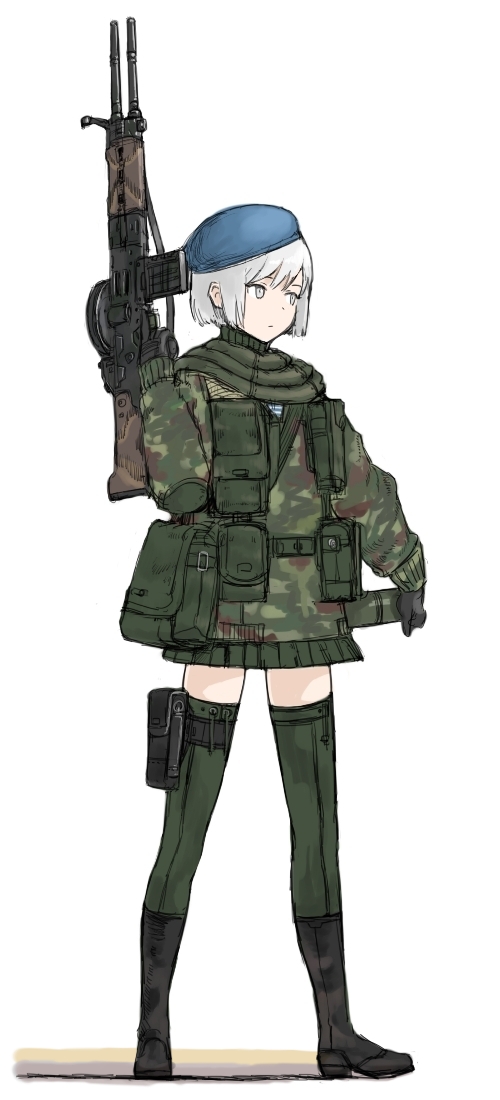 1girl beret black_boots black_gloves boots camouflage coh full_body gloves green_legwear green_skirt gun hat long_sleeves mars_expedition military military_uniform miniskirt pleated_skirt shadow short_hair simple_background skirt solo soviet striped uniform weapon weapon_request white_background white_eyes white_hair