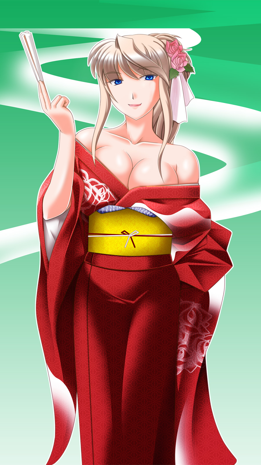 1girl blonde_hair blue_eyes breasts cleavage collaboration fan flower folding_fan hair_flower hair_ornament hakkai highres japanese_clothes kimono large_breasts long_hair metroid obi off_shoulder ponytail samus_aran sash solo tamamon wide_sleeves yuino_(fancy_party)