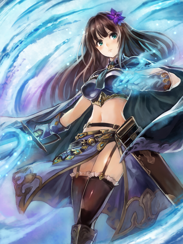 1girl armor black_legwear blush breastplate brown_hair cape edobox flower gloves granblue_fantasy green_eyes hair_flower hair_ornament idolmaster idolmaster_cinderella_girls long_hair shibuya_rin solo sword thigh-highs weapon