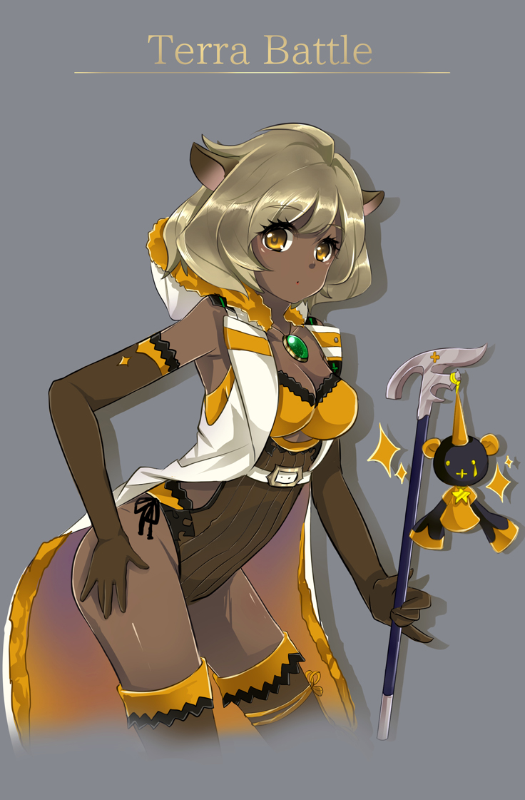 1girl amimari_(terra_battle) animal_ears bare_shoulders black_ribbon blush breasts brown_gloves brown_legwear cleavage coat collarbone copyright_name dark_skin firou fur_trim gloves grey_background hand_on_hip holding hood jewelry leotard light_brown_hair necklace ribbon scepter short_hair simple_background sleeveless sleeveless_coat solo sparkle terra_battle thigh-highs yellow_eyes