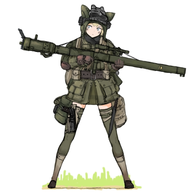 1girl america animal_hat backpack bag belt blonde_hair blue_eyes blush brown_gloves coh dagger full_body gloves goggles goggles_on_head grass green_legwear gun hat holding jacket long_sleeves mars_expedition military military_uniform rocket_launcher short_hair simple_background solo thigh-highs uniform weapon weapon_request white_background