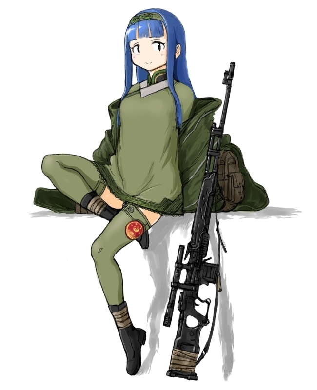 1girl backpack bag black_boots blue_hair boots coh dress green_dress green_legwear green_ribbon gun hairband jacket long_hair mars_expedition military military_uniform no_nose official_art ribbon rifle simple_background sitting smile solo thigh-highs uniform weapon weapon_request white_background
