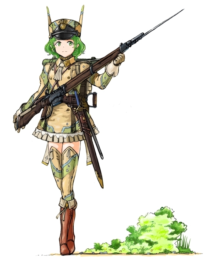 1girl animal_hat ascot bayonet boots brown_boots camouflage camouflage_legwear coh france full_body gloves grass green_eyes green_hair gun hat holding jacket long_sleeves mars_expedition military military_uniform pleated_skirt rifle short_hair simple_background skirt solo sword thigh-highs uniform weapon weapon_request white_background zettai_ryouiki