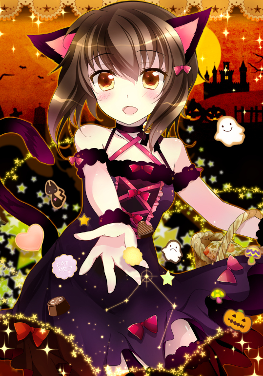 1girl :d alternate_costume animal_ears brown_eyes brown_hair cat_ears cat_tail detached_sleeves ghost halloween ichiyou_moka kantai_collection kemonomimi_mode looking_at_viewer open_mouth reaching smile solo taihou_(kantai_collection) tail wrist_cuffs