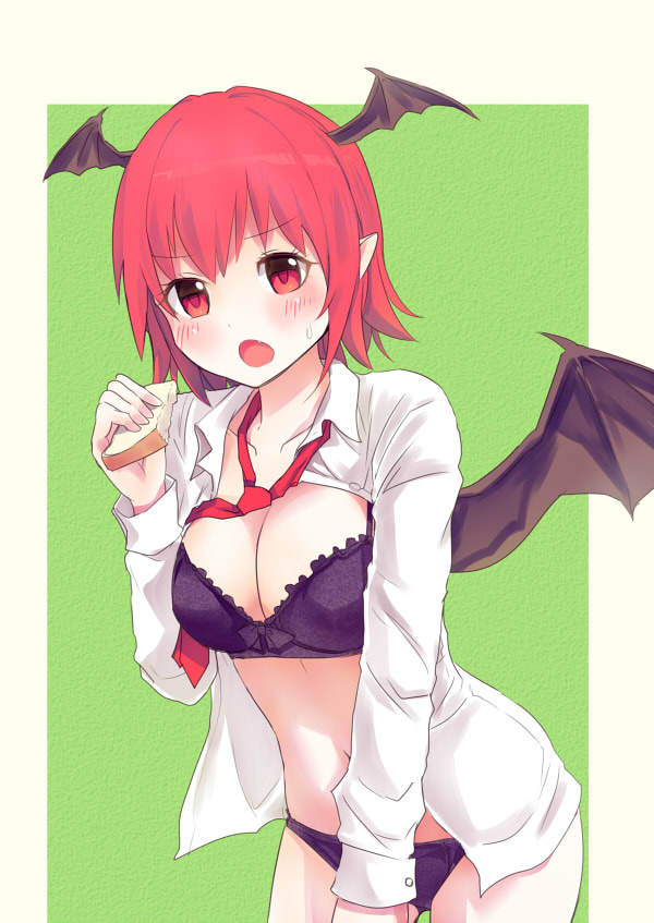 1girl alternate_hair_length alternate_hairstyle bat_wings black_bra black_panties blush bra breasts cleavage culter dress_shirt fang head_wings koakuma large_breasts looking_at_viewer necktie open_clothes open_mouth open_shirt panties pointy_ears red_eyes redhead shirt short_hair simple_background solo toast touhou underwear wings