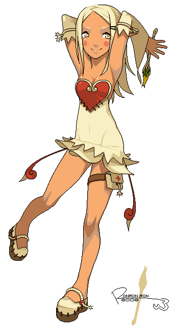 1girl armpits arms_up bangs bare_shoulders blush_stickers breasts cleavage dark_skin detached_sleeves dress eniripsa green_eyes heart long_hair parted_bangs pigeon-toed pixel_art pointy_ears red_cross ronron-ron silver_hair small_breasts smile solo strapless_dress thigh_pouch wakfu wand