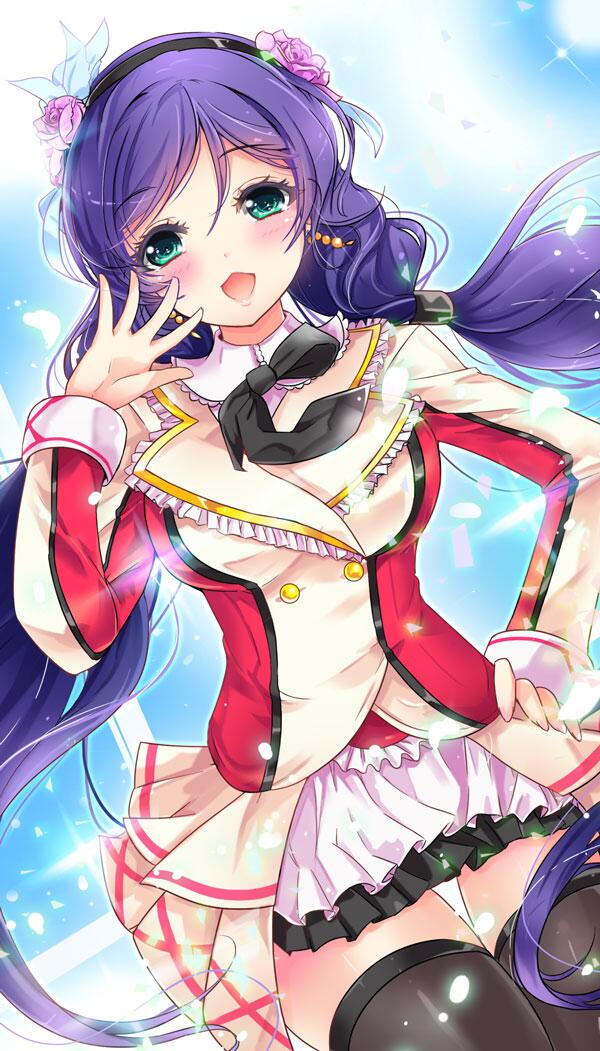 blush green_eyes long_hair love_live!_school_idol_project low_twintails smile thighighs toujou_nozomi twintails uniform violet_hair