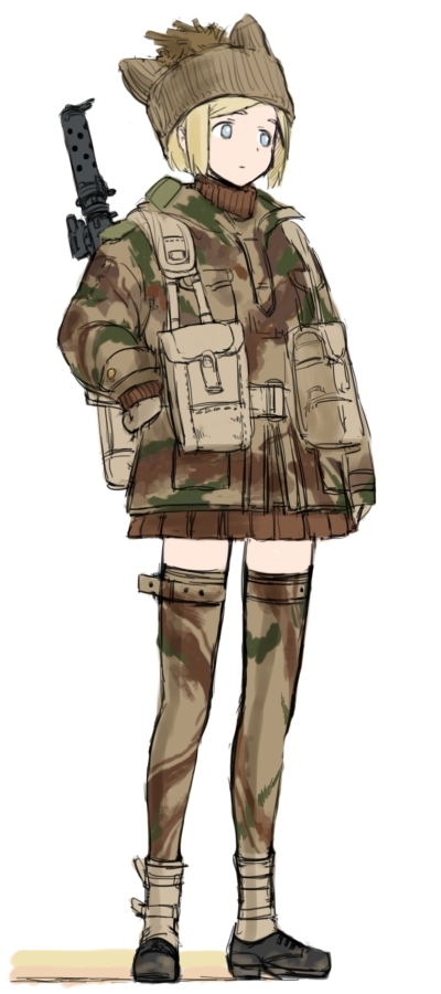 1girl animal_hat blonde_hair blue_eyes british brown_gloves brown_skirt camouflage camouflage_legwear coh full_body gloves gun hand_on_hip hat long_sleeves mars_expedition military military_uniform miniskirt pleated_skirt short_hair simple_background skirt solo standing thigh-highs uniform weapon weapon_request white_background zettai_ryouiki