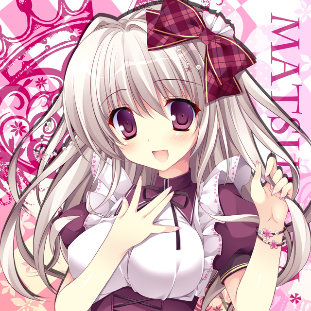 1girl :d bow close-up hair_bow hair_ribbon hand_on_own_chest long_hair looking_at_viewer maid nanaroba_hana open_mouth original ribbon silver_hair smile solo violet_eyes