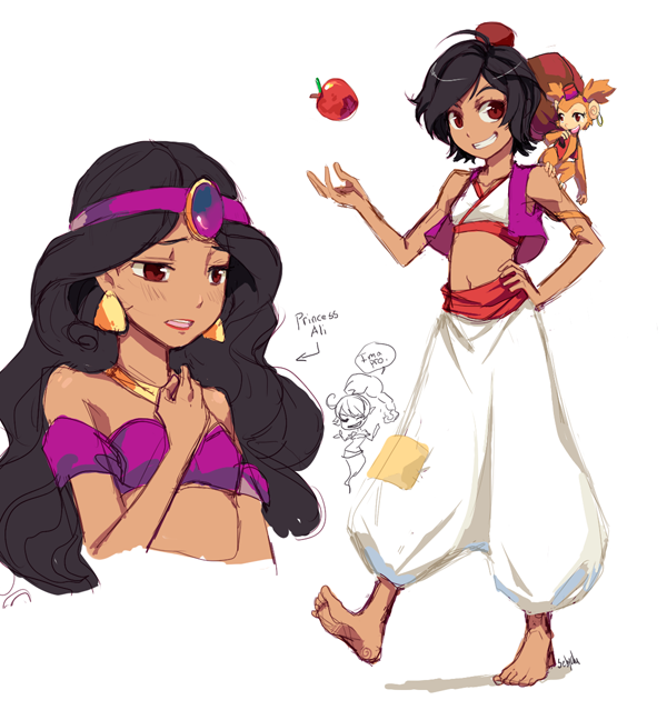 aladdin_(disney) barefoot bracelet earrings genderswap jewelry long_hair monkey patch short_hair