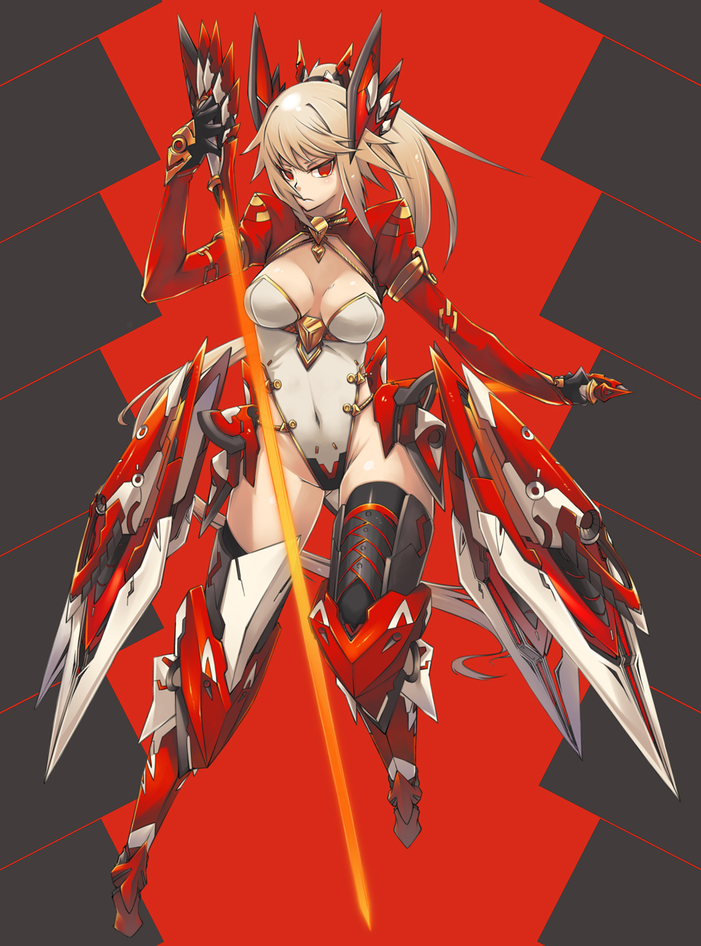 1girl armor black_legwear breasts brown_hair cleavage_cutout headgear highres kazemura leotard long_hair mecha_musume mechanical_wings original ponytail red_eyes sword tagme thigh-highs weapon wings