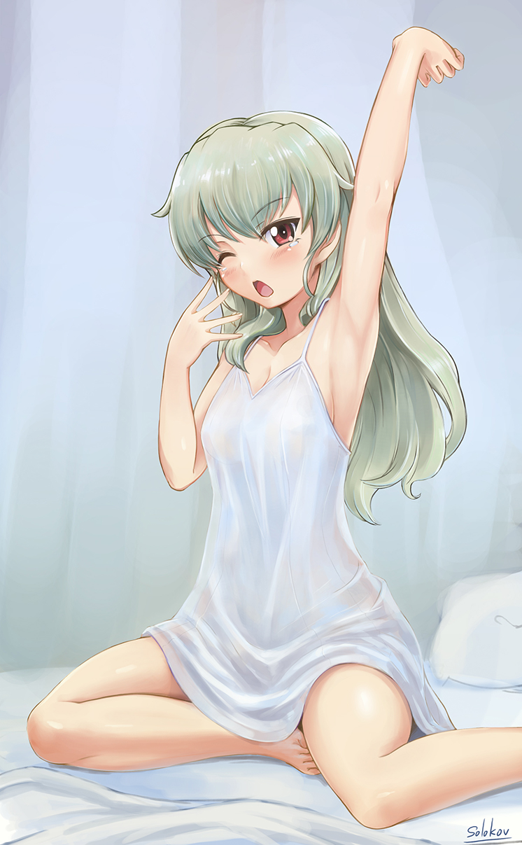 1girl anchovy arm_up bed blush chemise girls_und_panzer green_hair hair_down highres indoors long_hair one_eye_closed open_mouth pillow red_eyes sitting solo solokov_(okb-999) waking_up yawning yokozuwari