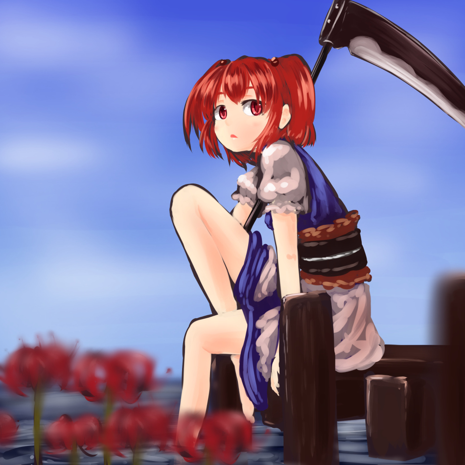 1girl bare_legs belt carrying flower hair_bobbles hair_ornament kys_(k-k2) layered_dress looking_at_viewer onozuka_komachi open_mouth puffy_short_sleeves puffy_sleeves red_eyes redhead scythe short_hair short_sleeves shoulder_carry sitting solo spider_lily touhou twintails wading water