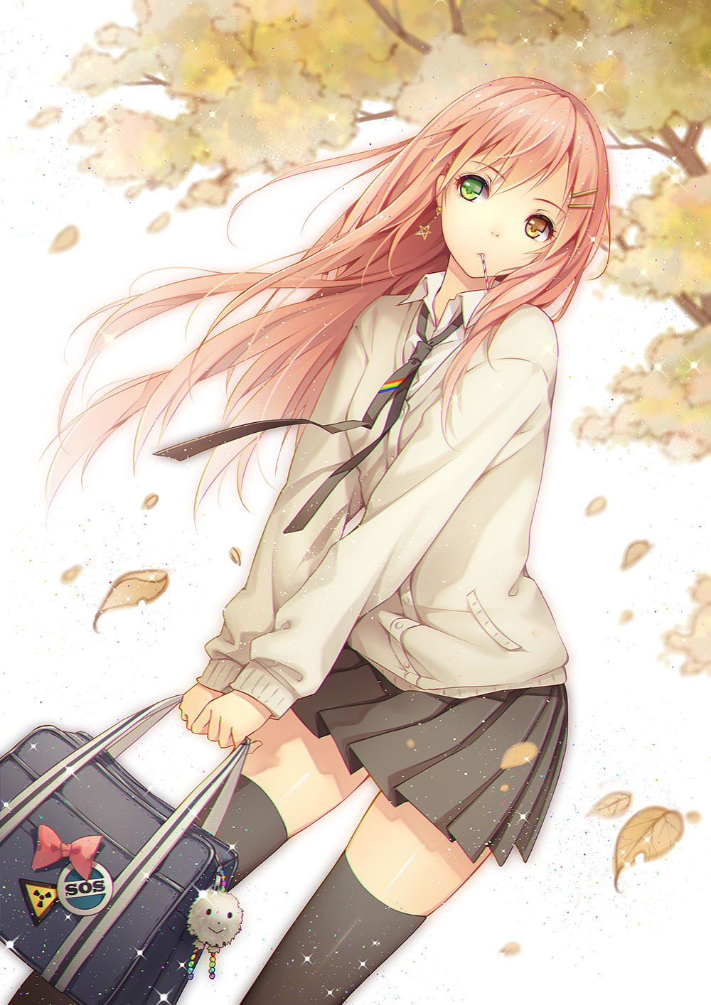 1girl bag black_legwear bow contrapposto earrings green_eyes hair_ornament hairclip heterochromia highres jewelry leaf long_hair mouth_hold necktie original pink_hair pleated_skirt school_bag school_uniform skirt solo star star_earrings sweater thigh-highs tidsean tree white_background wind yellow_eyes zettai_ryouiki