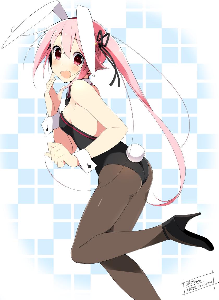 1girl animal_ears blush breasts bunny_girl bunny_tail bunnysuit harusame_(kantai_collection) high_heels kantai_collection leotard long_hair looking_at_viewer pantyhose pink_eyes pink_hair rabbit_ears side_ponytail simple_background small_breasts solo tail tears twitter_username wara_(warapro) wrist_cuffs