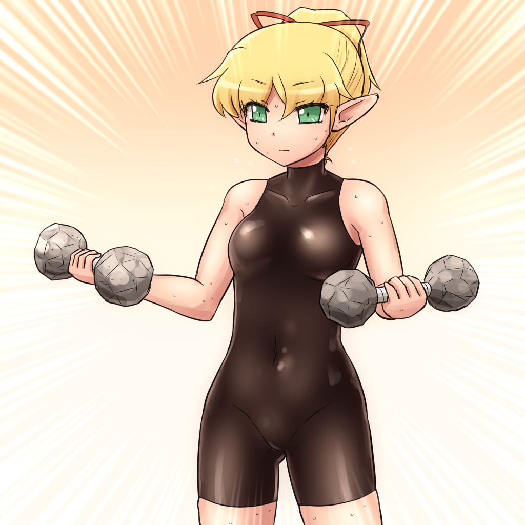 1girl alternate_costume bare_arms bare_shoulders blonde_hair bodysuit green_eyes hair_ribbon mizuhashi_parsee pointy_ears ribbon shirosato solo sweat touhou training weights