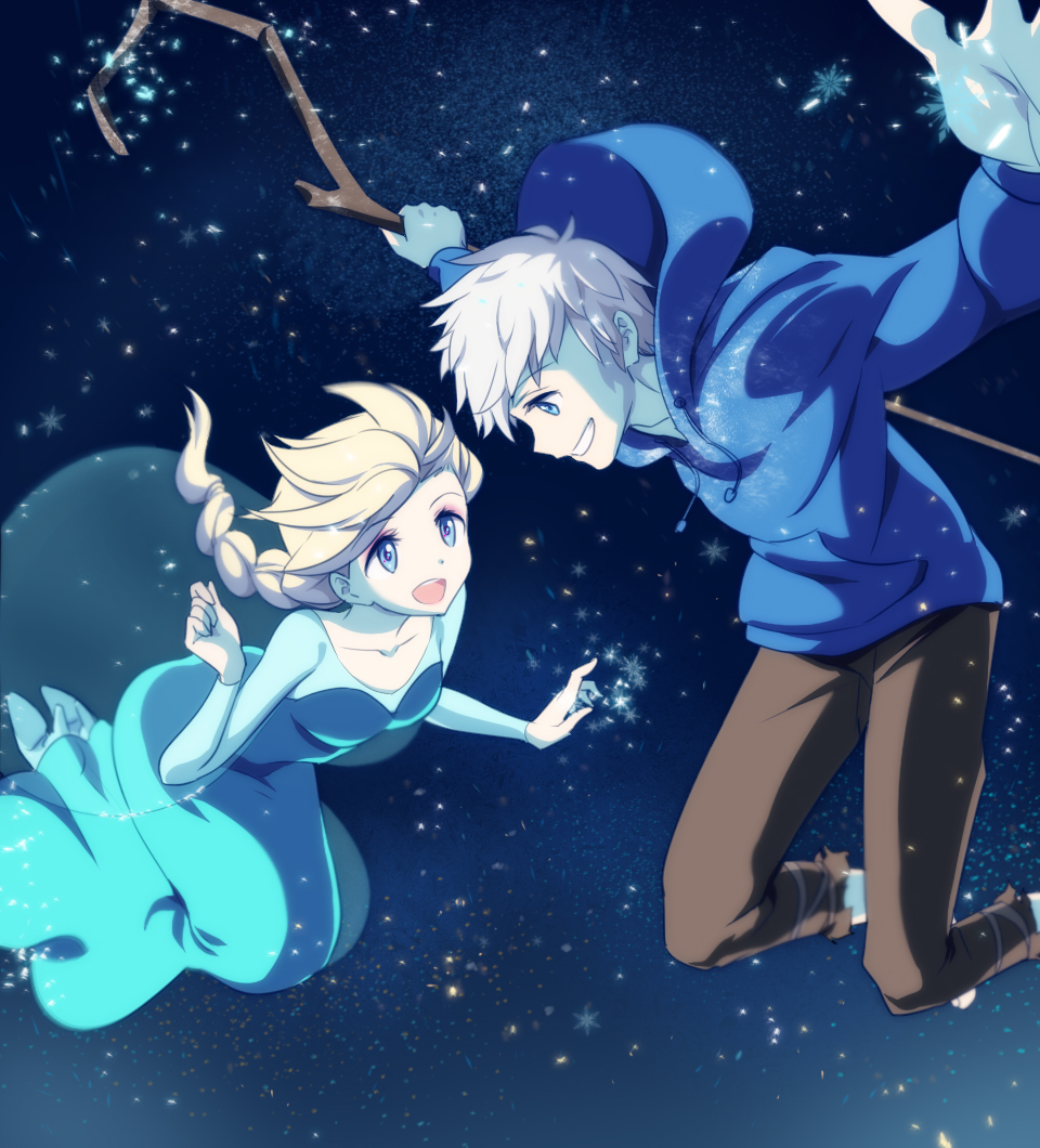 1boy 1girl :d blonde_hair blue_eyes braid collarbone crossover elsa_(frozen) frozen_(disney) green_eyes grin hoodie jack_frost_(rise_of_the_guardians) kisetsu looking_at_another open_mouth outstretched_arms power_connection rise_of_the_guardians single_braid smile snow spread_arms staff white_hair