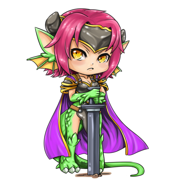 1girl armor breasts cape chibi claws cleavage dragon_girl dragon_tail full_body granberia horns mon-musu_quest! pauldrons planted_sword planted_weapon pointy_ears redhead scales simple_background solo sword tail tscbr weapon white_background yellow_eyes