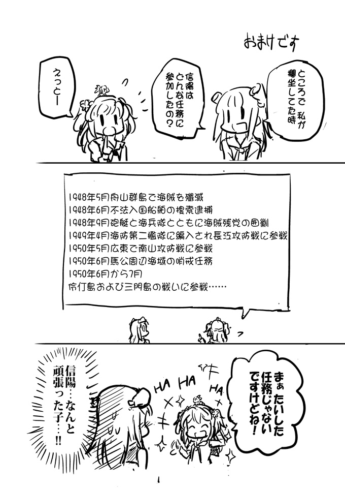 comic hair_ornament headgear kantai_collection long_hair monochrome open_mouth original sakimiya_(inschool) school_uniform serafuku sketch sparkle sweat tan_yang_(kantai_collection) translation_request two_side_up xin_yang_(kantai_collection) yukikaze_(kantai_collection)