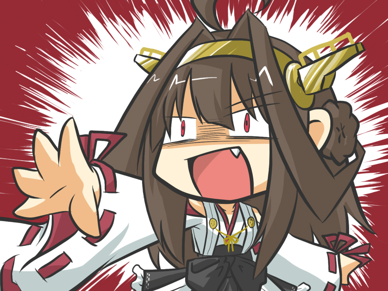 &gt;:d 1girl :d ahoge brown_hair crazy_eyes fang gomasamune kantai_collection kongou_(kantai_collection) nontraditional_miko open_mouth red_eyes smile