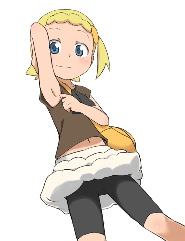 1girl arm_up bike_shorts blonde_hair bubukka original short_hair solo