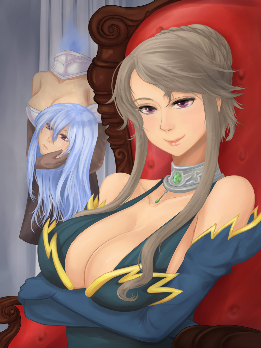 2girls bare_shoulders blue_hair breasts brown_hair chair choker cleavage collarbone crossed_arms disembodied_head dullahan elbow_gloves gloves grand_noah_queen highres holding_head long_hair mon-musu_quest! multiple_girls payot queen smile tscbr violet_eyes
