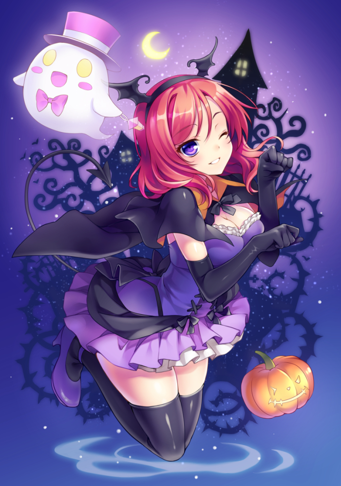 1girl black_gloves black_hair blush breasts cape cleavage crescent_moon demon_tail elbow_gloves fake_wings ghost gloves halloween head_wings jack-o'-lantern looking_at_viewer love_live!_school_idol_project moon nishikino_maki one_eye_closed redhead riv short_hair smile solo tail thigh-highs violet_eyes wings zettai_ryouiki