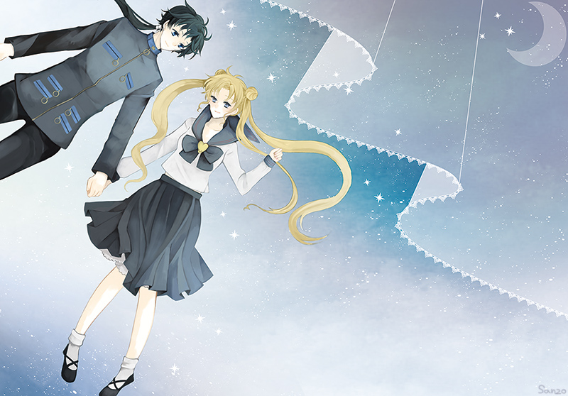 1boy 1girl bishoujo_senshi_sailor_moon black_hair blonde_hair blue_skirt crescent_moon curtains double_bun gakuran heart holding_hands long_sleeves moon pleated_skirt sanzou_m school_uniform seiya_kou serafuku skirt tsukino_usagi twintails zipper