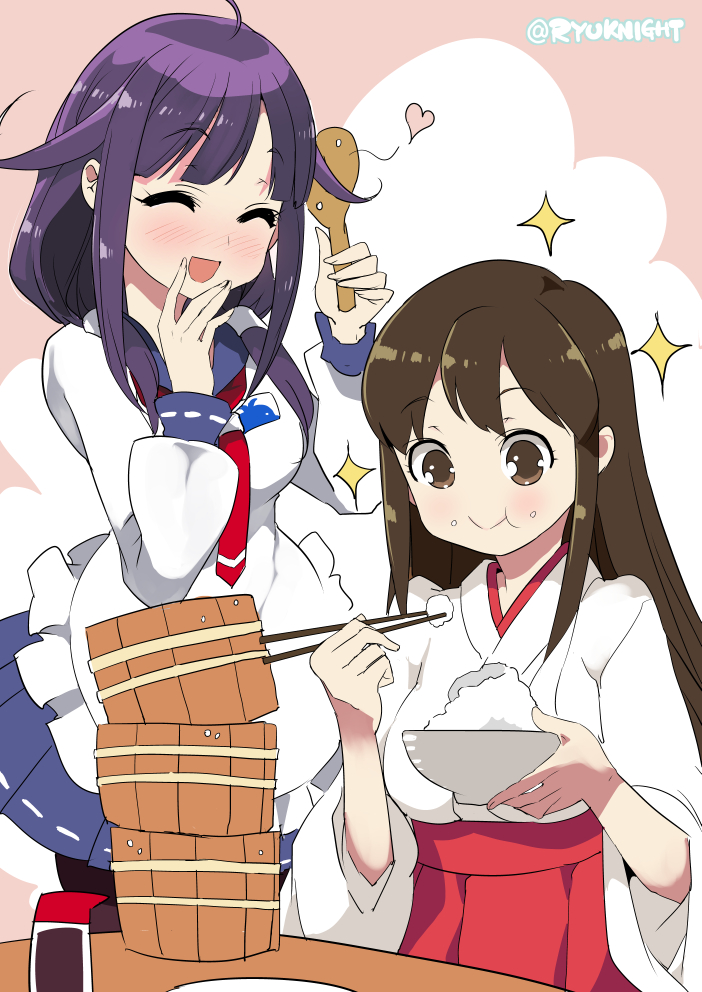 2girls ^_^ ahoge akagi_(kantai_collection) blush brown_eyes brown_hair chopsticks closed_eyes eating holding japanese_clothes kantai_collection long_hair low_twintails multiple_girls naitou_ryuu open_mouth pantyhose pleated_skirt purple_hair rice rice_bowl school_uniform serafuku skirt smile sparkle taigei_(kantai_collection) twintails twitter_username