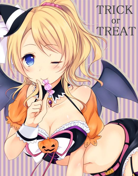 1girl ;) ayase_eli blonde_hair blue_eyes breasts candy cleavage demon_wings detached_sleeves garter_straps gatakenjin halloween halter_top halterneck leaning_forward love_live!_school_idol_project microskirt mini_witch_hat navel one_eye_closed ponytail skirt smile vertical-striped_background wings