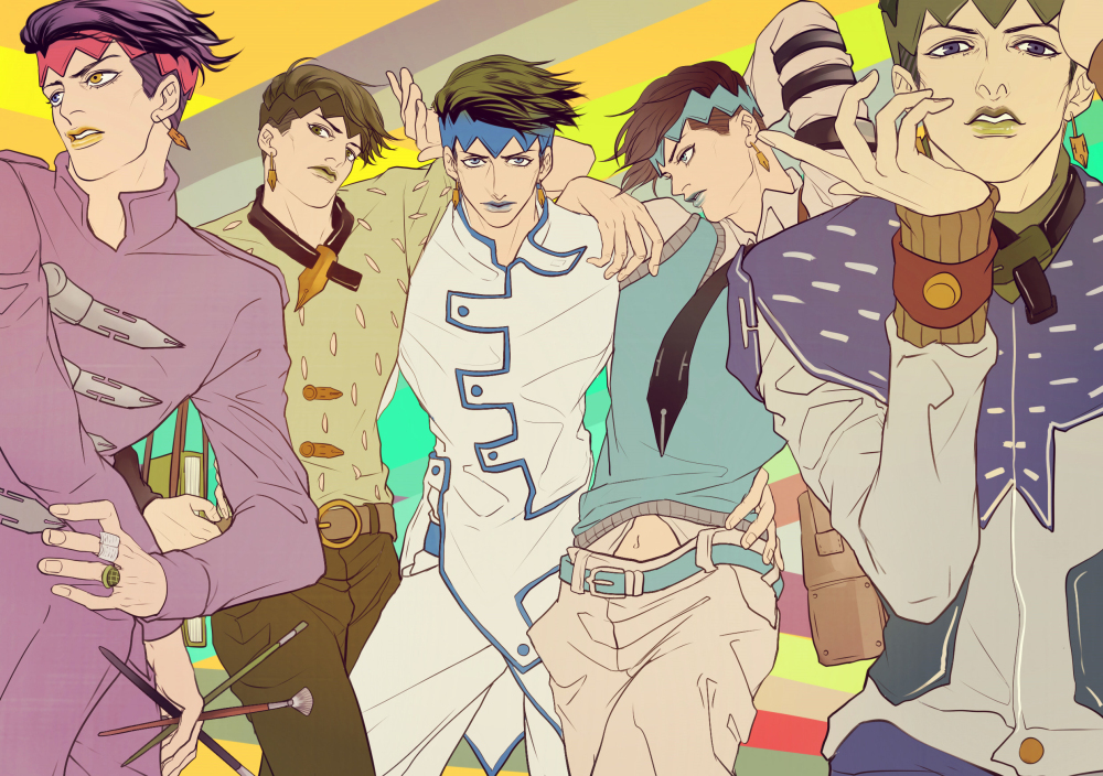 5boys headband jojo_no_kimyou_na_bouken kilva_lollop kishibe_rohan multiple_boys multiple_persona