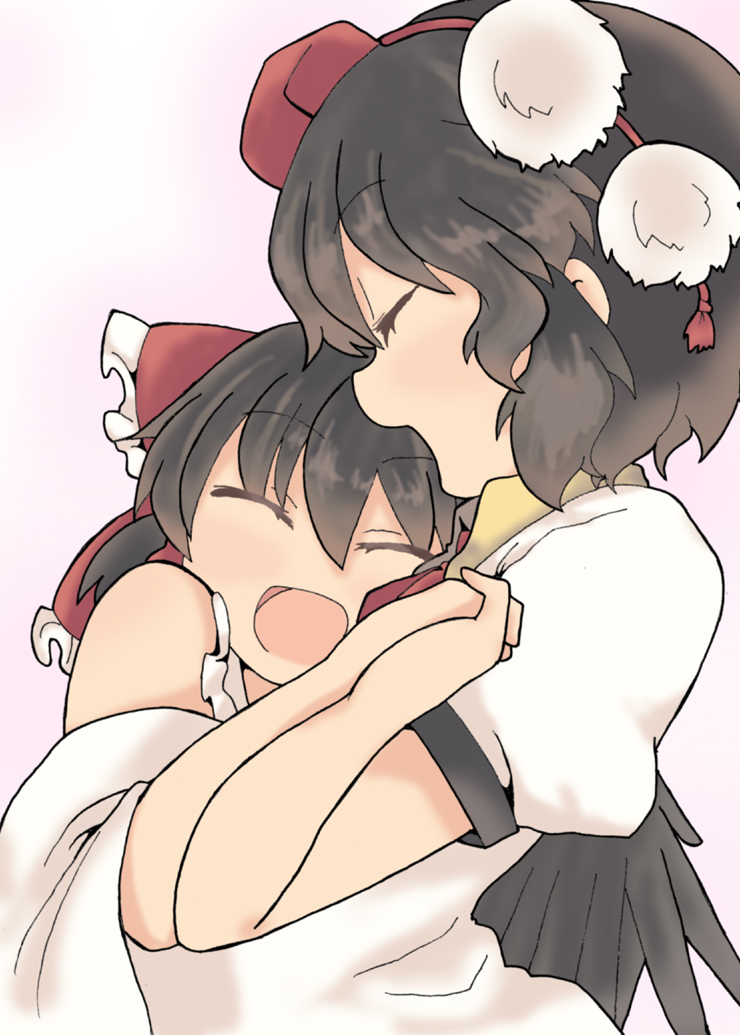 2girls :d ^_^ bird_wings bow brown_hair closed_eyes couple detached_sleeves hair_bow hakurei_reimu hat head_rest hug interlocked_fingers multiple_girls odochin open_mouth pom_pom_(clothes) shameimaru_aya short_hair smile tokin_hat touhou wings yuri