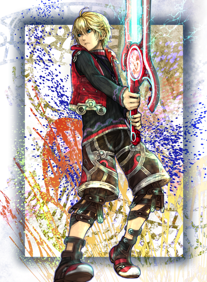 1boy blonde_hair blue_eyes monado shorts shulk solo sword techitoni vest weapon xenoblade