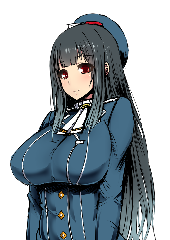 alternate_hair_length alternate_hairstyle beret black_hair blush breasts hat ishimura_(ishimura-ya) kantai_collection large_breasts long_hair looking_at_viewer military military_uniform red_eyes smile solo takao_(kantai_collection) uniform