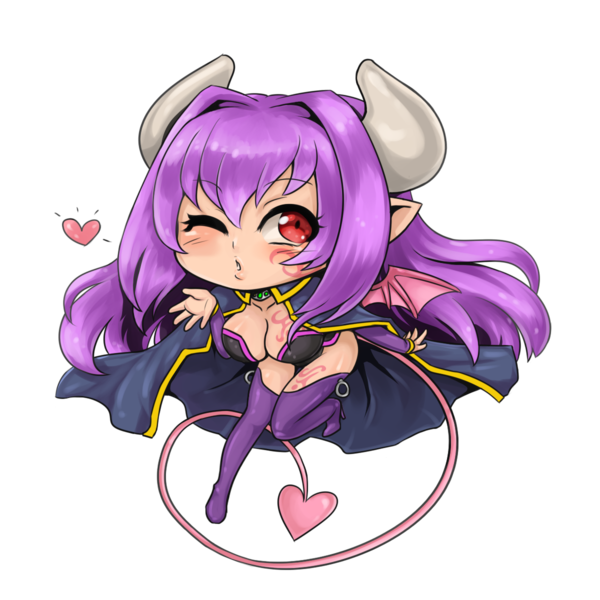 alma_elma bare_shoulders breasts bridal_gauntlets cape chibi demon_girl demon_tail demon_wings heart heart_eyes horns long_hair mon-musu_quest! one_eye_closed pointy_ears purple_hair red_eyes simple_background solo_focus succubus tail tattoo thigh-highs tongue tongue_out torn_clothes tscbr very_long_hair white_background wings