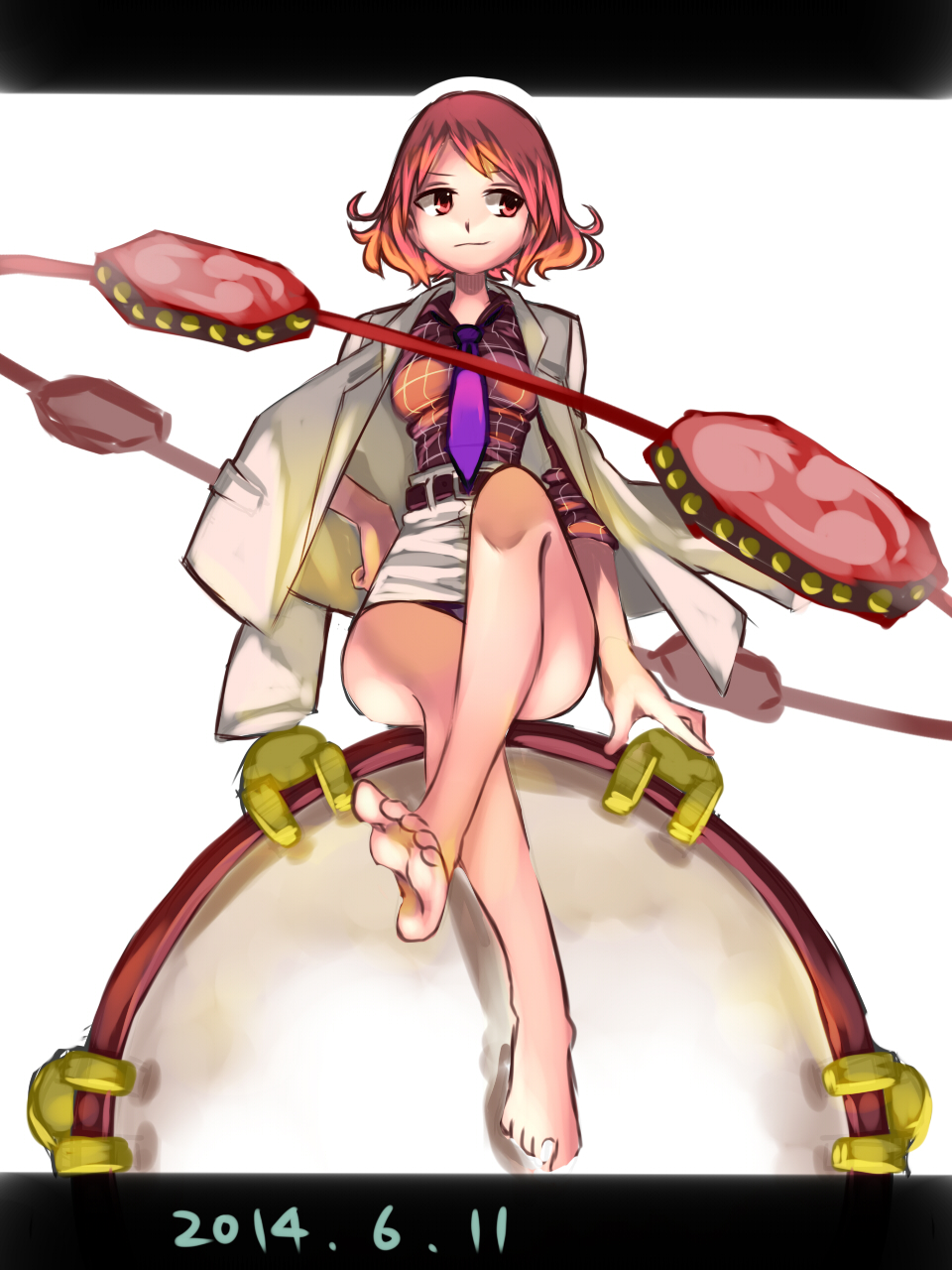 1girl barefoot drum highres horikawa_raiko instrument jacket jacket_on_shoulders letterboxed mitsudomoe_(shape) namauni necktie plaid plaid_shirt red_eyes redhead shirt short_hair simple_background sketch skirt smile solo tomoe_(symbol) touhou white_background