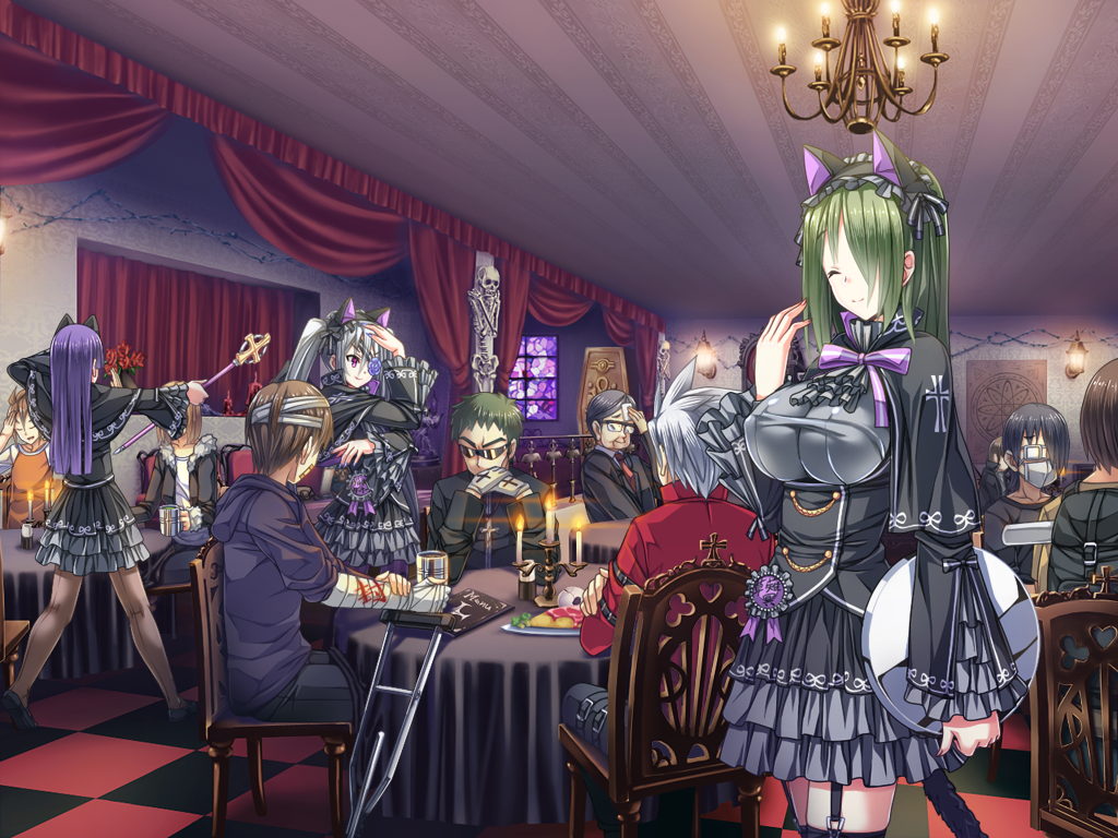 3girls 6+boys akaza animal_ears bandages candle cat_ears cat_tail chandelier change!_ano_musume_ni_natte_kunkun_peropero coffin cosplay_cafe cross eyepatch formal frills gothic gothic_lolita lolita_fashion multiple_boys multiple_girls pantyhose pose sitting skeleton smile suit sunglasses table tail taut_clothes taut_shirt waitress