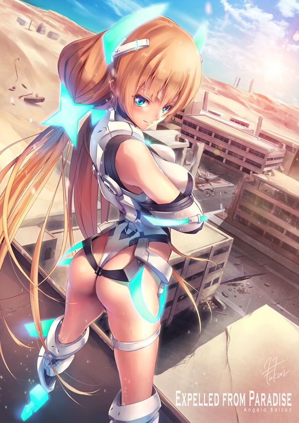 1girl angela_balzac ass bare_shoulders blonde_hair blue_eyes bodysuit breasts elbow_gloves expelled_from_paradise female fukai_ryousuke gloves headgear large_breasts leotard long_hair solo thigh_strap twintails very_long_hair