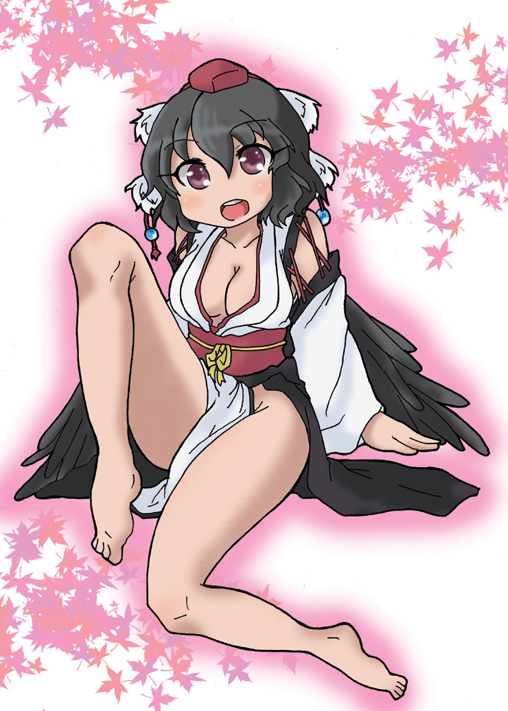 1girl :d barefoot bird_wings blush breasts cleavage collarbone commentary_request hat kourindou_tengu_costume legs no_bra no_panties obi odochin open_mouth outline sash shameimaru_aya smile solo tokin_hat touhou violet_eyes wings
