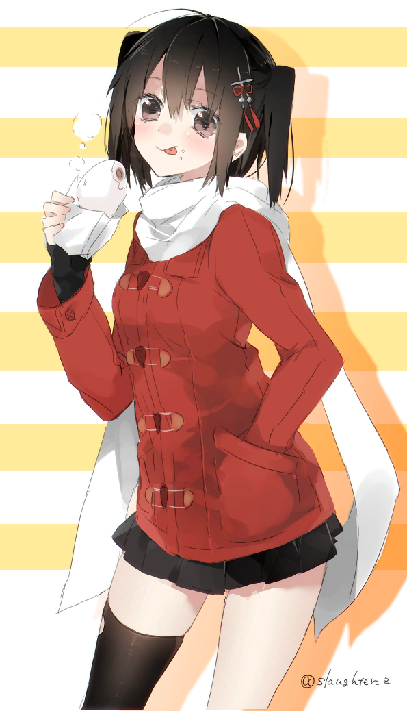 1girl brown_eyes brown_hair coat food gloves hair_ornament hand_in_pocket kantai_collection looking_at_viewer manjuu nikuman pleated_skirt red_coat scarf sendai_(kantai_collection) short_hair single_thighhigh skirt slaughter_z smile solo steam striped striped_background thigh-highs tongue tongue_out twitter_username two_side_up white_scarf