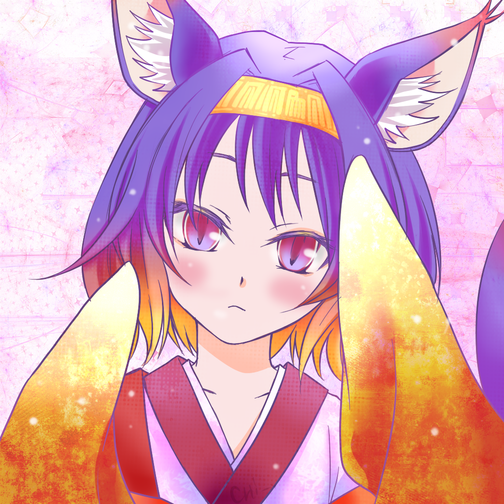 1girl animal_ears bust expressionless fox_ears fox_tail gradient_hair hairband hatsuse_izuna japanese_clothes kimono multicolored_hair no_game_no_life purple_hair qi_(emptyblame) tail violet_eyes