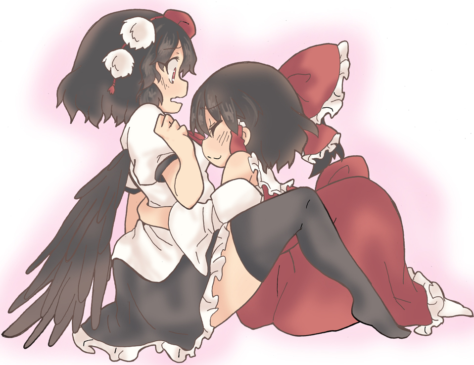 2girls ^_^ all_fours between_legs black_legwear blush bow brown_hair closed_eyes collared_shirt hair_bow hair_tubes hakurei_reimu hat hug miniskirt multiple_girls odochin red_eyes shameimaru_aya short_hair skirt smile thigh-highs tokin_hat touhou wavy_mouth wings yuri