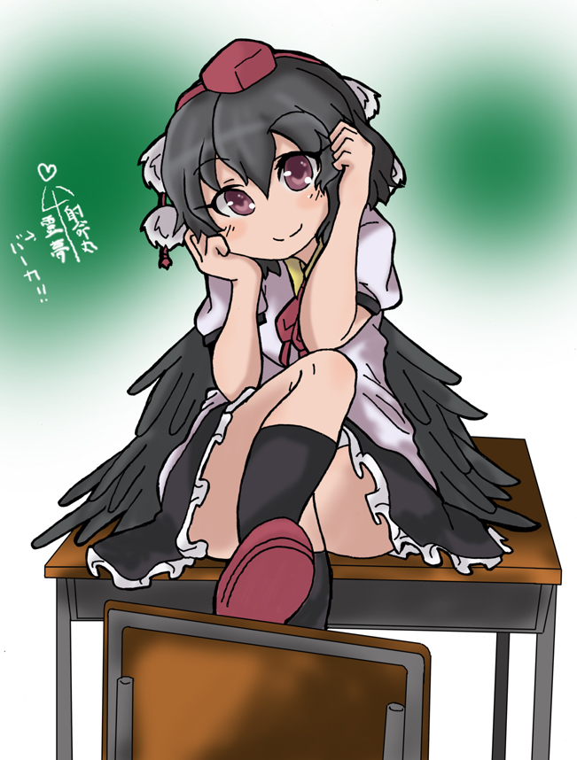 1girl bird_wings black_legwear blush collared_shirt come_hither hands_on_own_head hat legs looking_at_viewer miniskirt odochin pom_pom_(clothes) puffy_short_sleeves puffy_sleeves shameimaru_aya short_sleeves skirt smile socks solo tokin_hat touhou violet_eyes wings