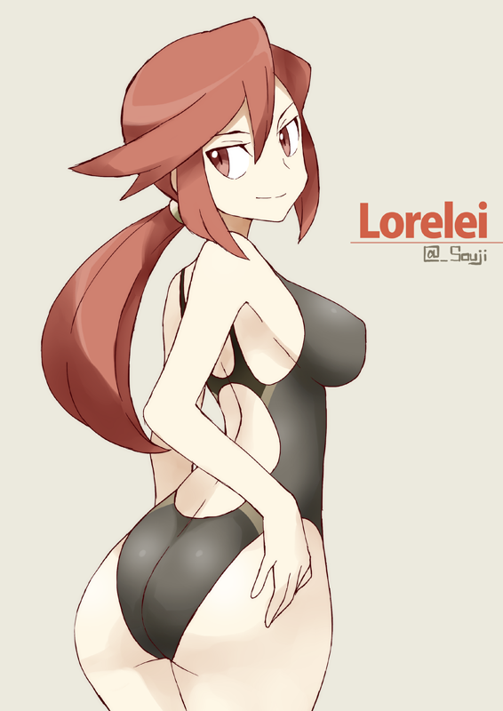 1girl alternate_costume ass back_cutout breasts character_name competition_swimsuit elite_four from_behind kanna_(pokemon) large_breasts long_hair looking_back no_glasses one-piece_swimsuit pokemon pokemon_(game) pokemon_hgss ponytail red_eyes redhead smile solo souji swimsuit twitter_username