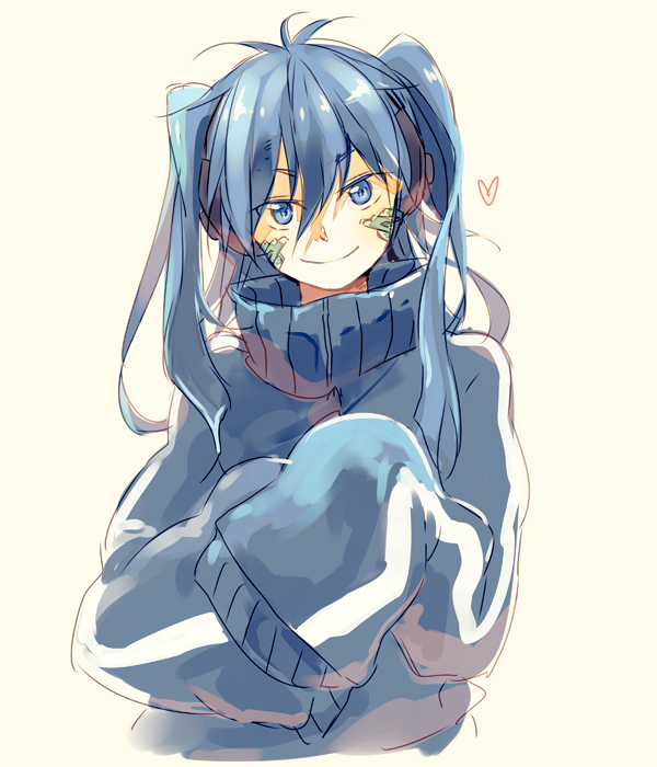 1girl blue_eyes blue_hair ene_(kagerou_project) headphones heart kagerou_project long_hair nuriko-kun twintails